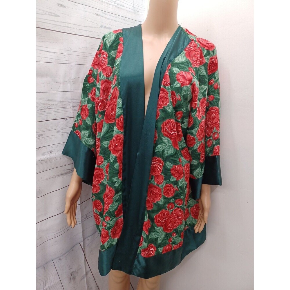 Vtg Victoria Secret Gold Label Green Red Robe Floral One Size No Belt